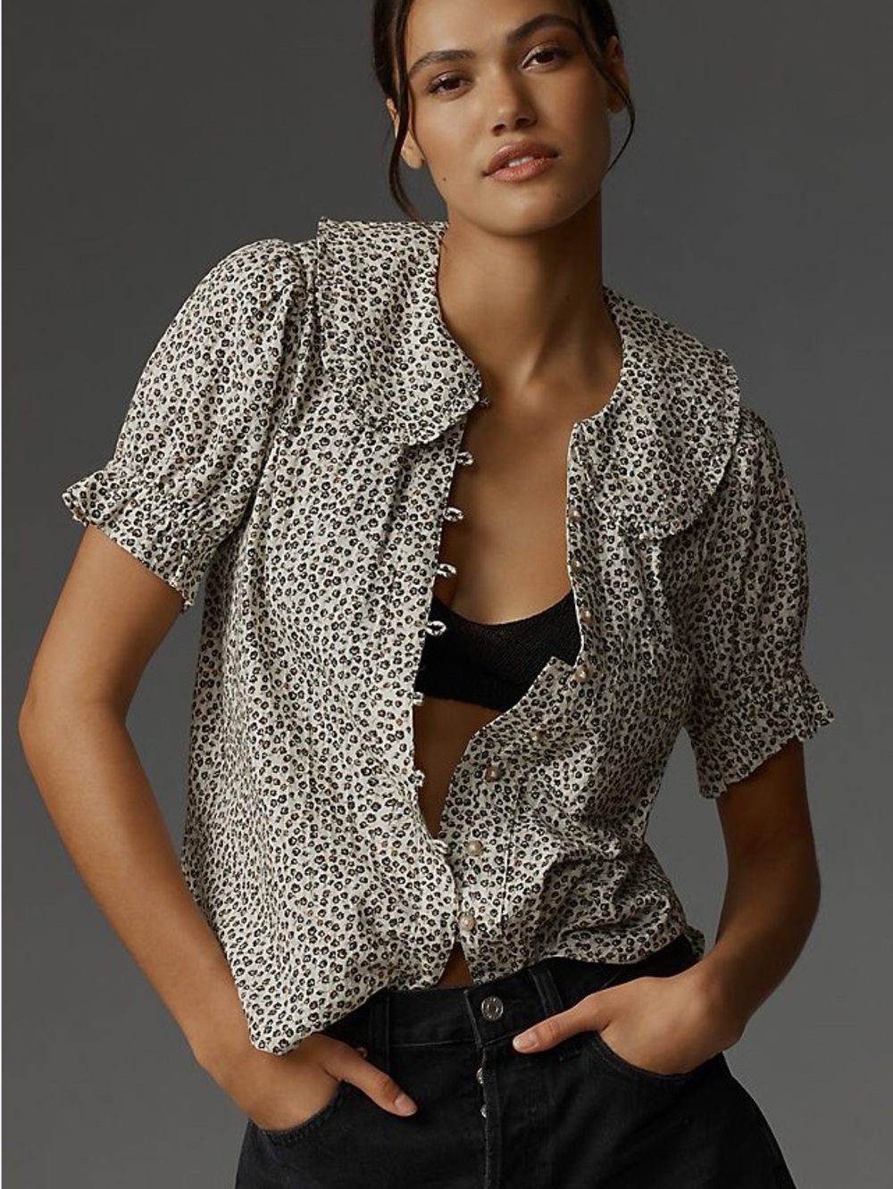 The Keira Collared Button-Front Blouse by Pilcro Size S Neutral Motif
